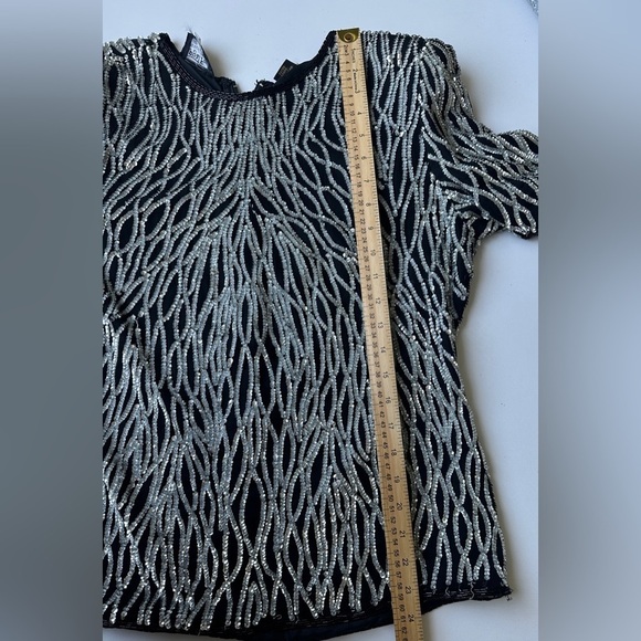 Vintage Royal Feelings Black Pure Silk Silver Sequin Ornate Evening Top FLAW XL - Picture 6 of 11